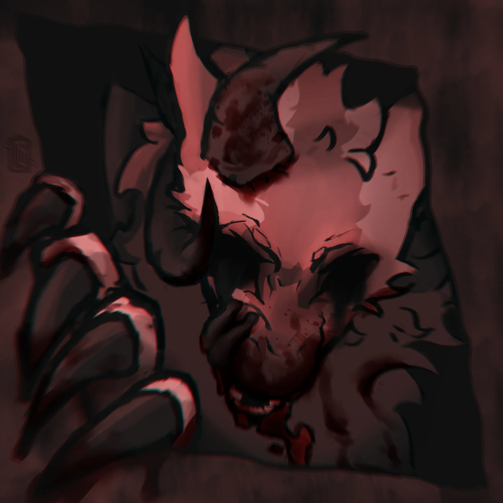 A demonic creature with sharp claws and horns, covered in dark red tones, evokes a sinister and eerie mood. The background is shadowy and indistinct.